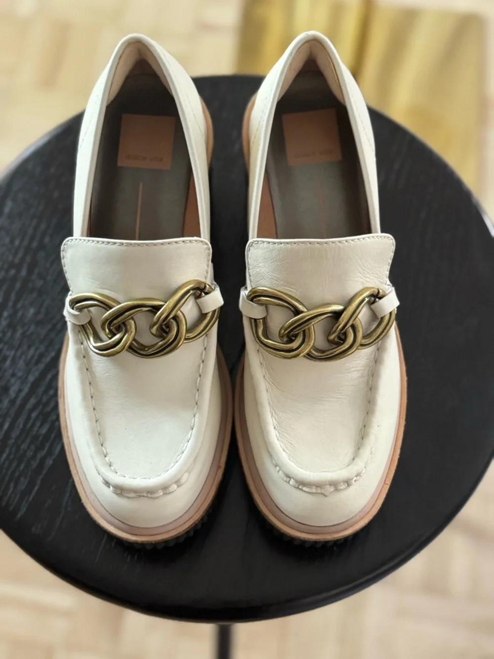 Dolce Vita Cream Ivory Platform Loafers Size 8 Gold Chain Lug Sole - Picture 2 of 10